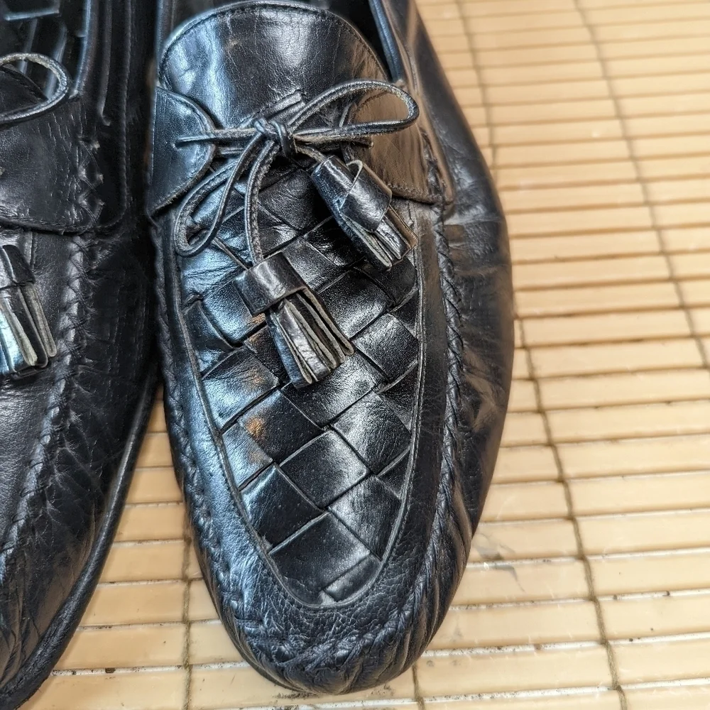 Johnston & Murphy Black Leather Woven Vamp Tassel Loafers Sz 11N Made In Italy